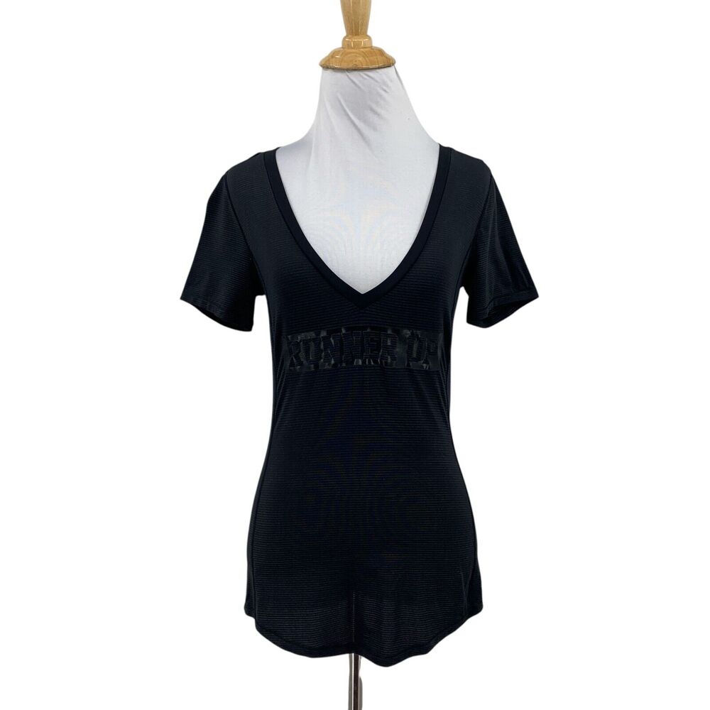 Lululemon T Shirt Womens 6/8 Black Gray Runner Up Graphic Striped V Neck Ruched